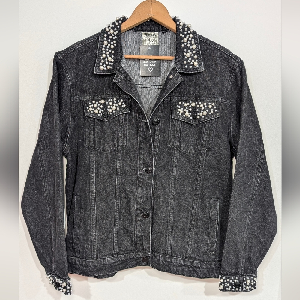 NEW Vocal Denim Women's LG Black Jean Jacket Pearl Details Country Yeehaw Meemaw